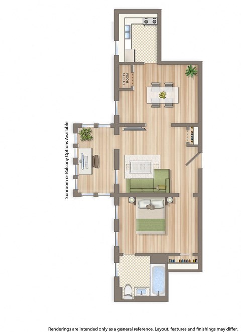 1 Bed F 864 squared feet with sunroom floor plan rendering